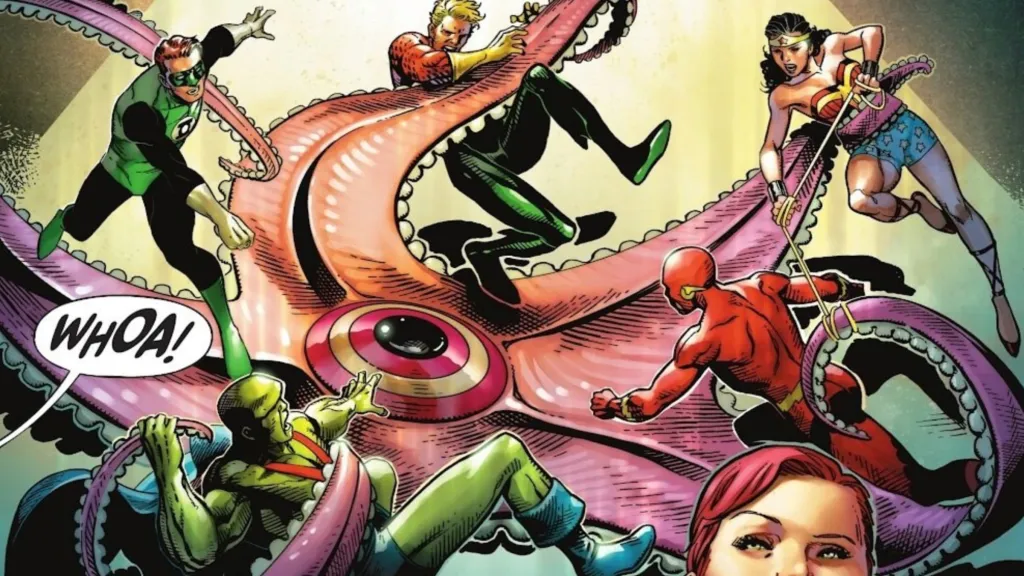 The Flash, Green Lantern, Aquaman, Wonder Woman, and Martian Manhunter battling Starro
