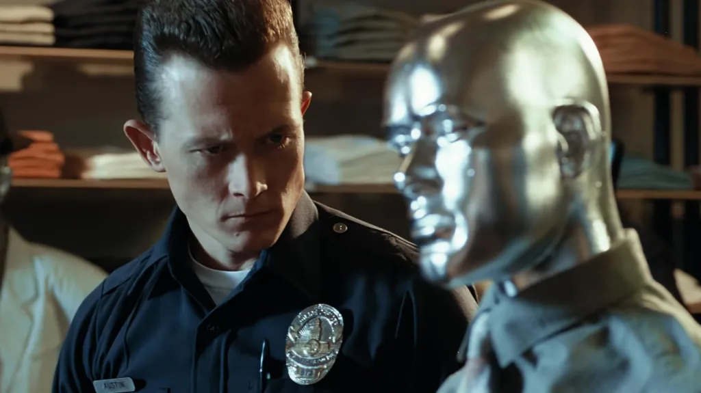 The T-1000 (Robert Patrick) looking at a silver-skinned mannequin in Terminator 2: Judgment Day