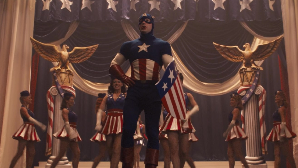 Chris Evans as Captain America selling war bonds in Captain America: The First Avenger