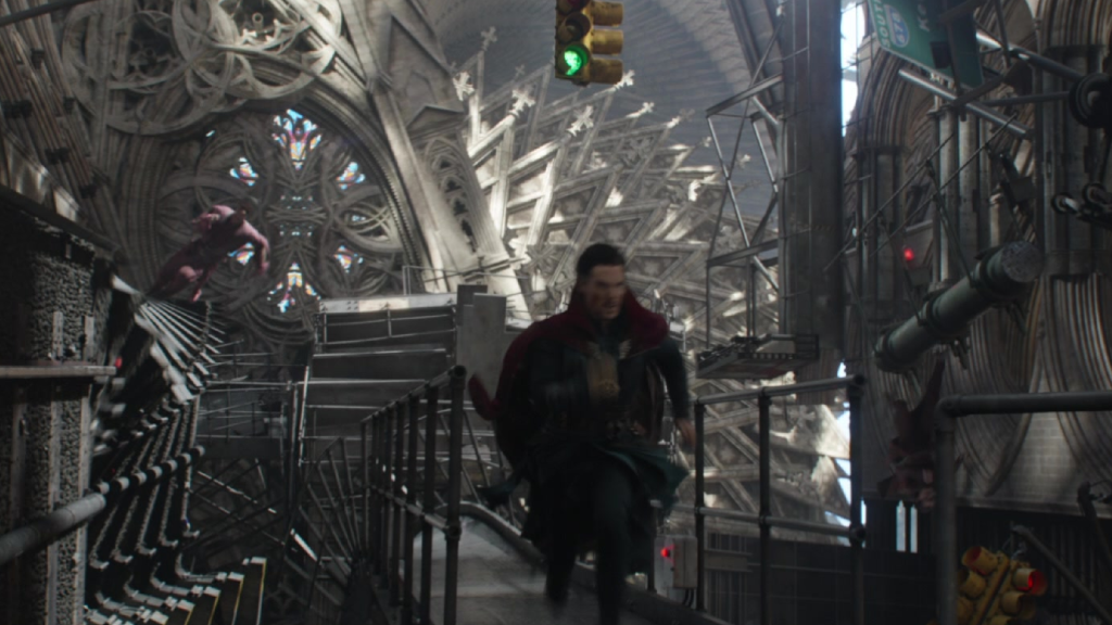 Benedict Cumberbatch as Doctor Strange running through the Mirror Dimension in Doctor Strange