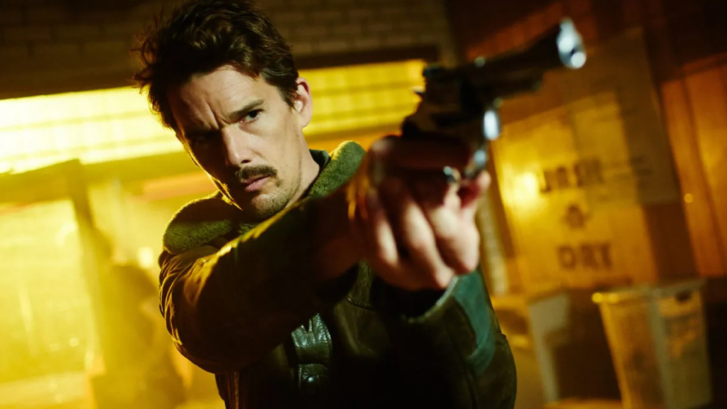 Ethan Hawke aiming a gun in Predestination (2014)