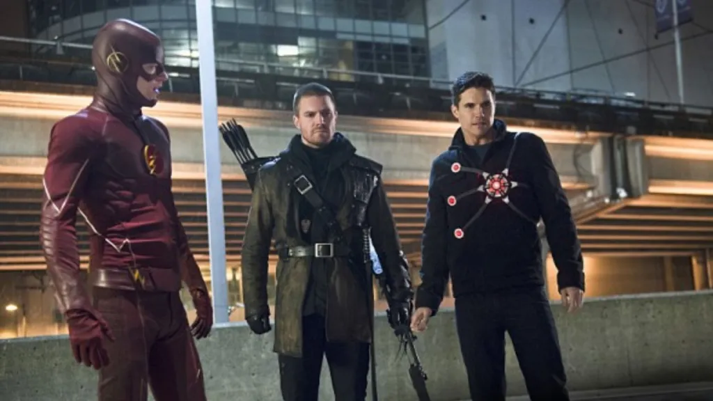 Flash, Arrow, and Firestorm in The Flash.