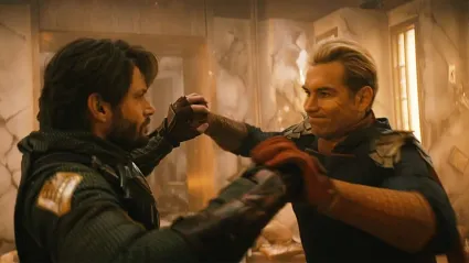 Homelander and Soldier Boy fighting.