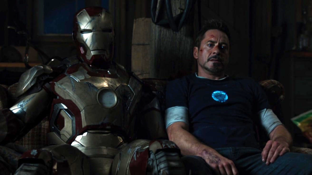 Robert Downey Jr. as Tony Stark in Iron Man 3 with his charging suit