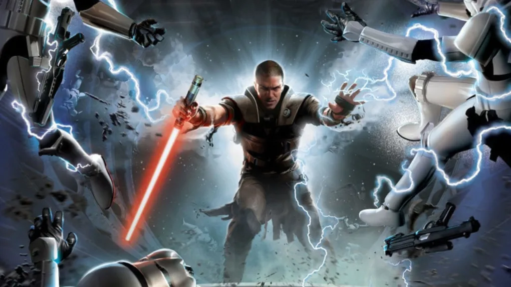 Starkiller pushing stormtroopers.