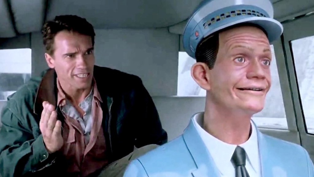 Arnold Schwarzenegger in a taxi in Total Recall