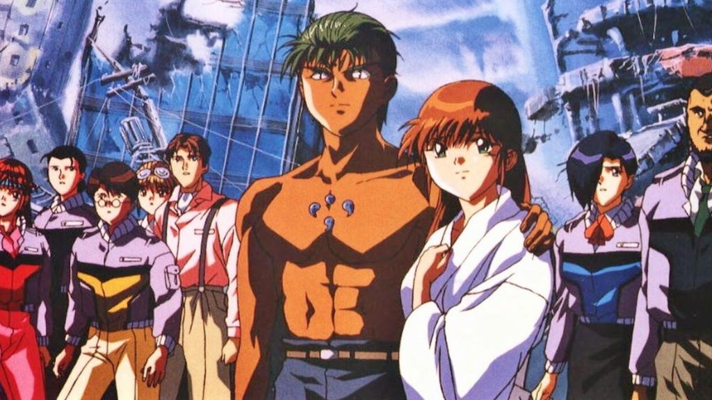 Blue Seed main lead and partner side by side while other characters are in the background