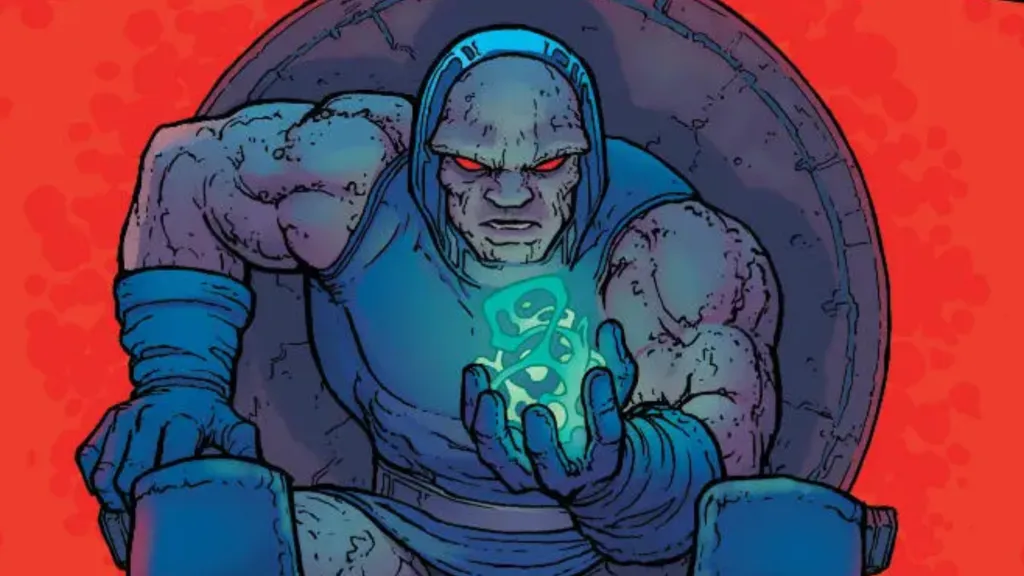 Darkseid sitting on his throne looking the Worlogog in his hand