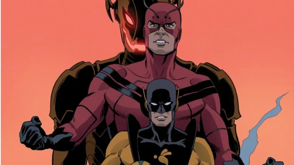 Hank Pym as Yellowjacket and Giant-Man, with Ultron behind him