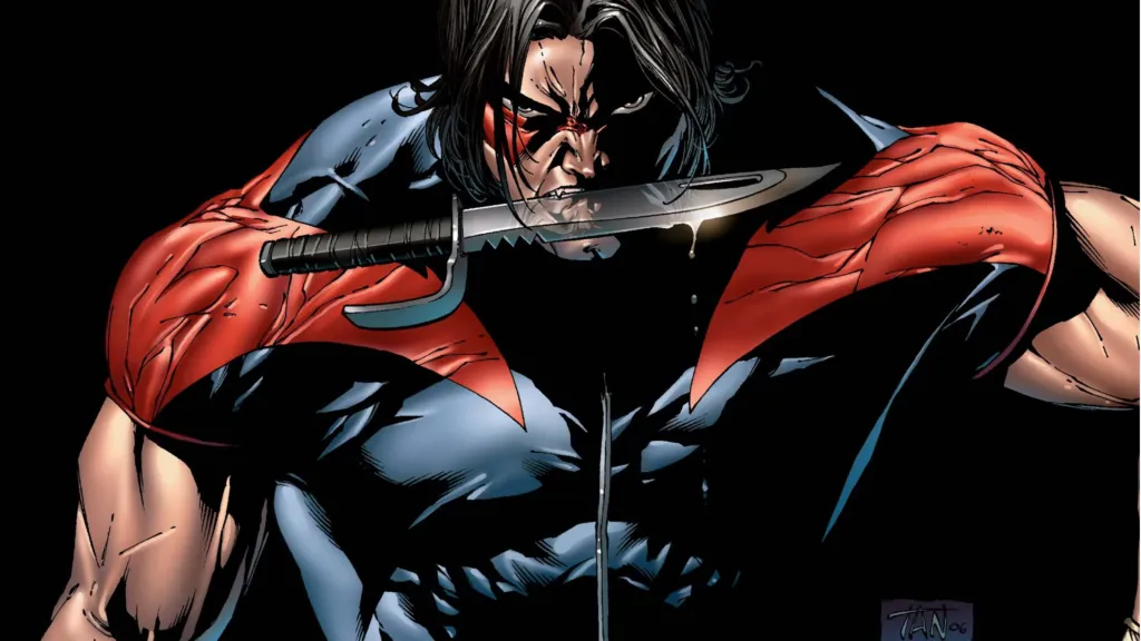 Warpath with one of his vibranium knives in his teeth