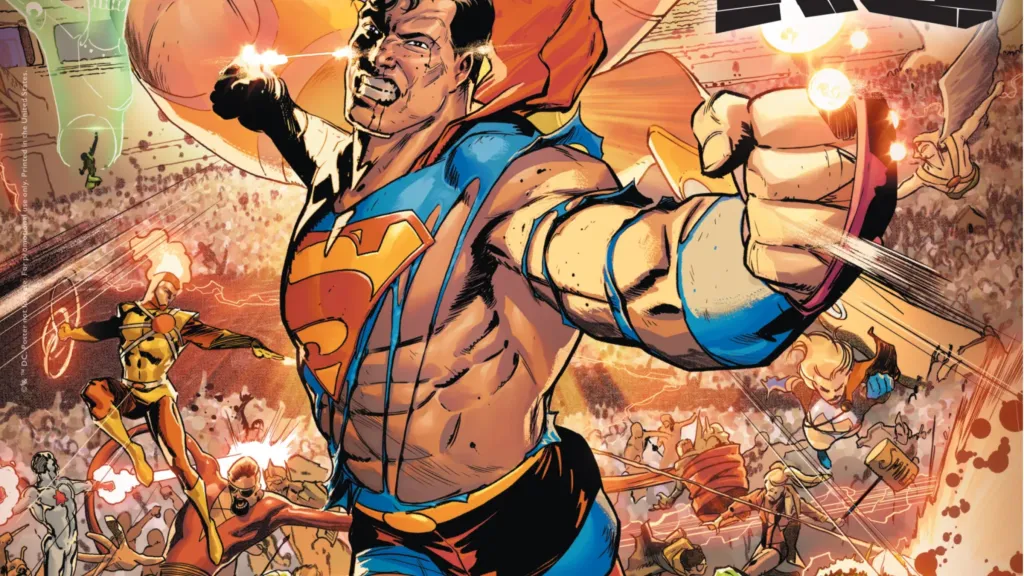 A tattered Superman about to punch with heroes and villains fighting below him