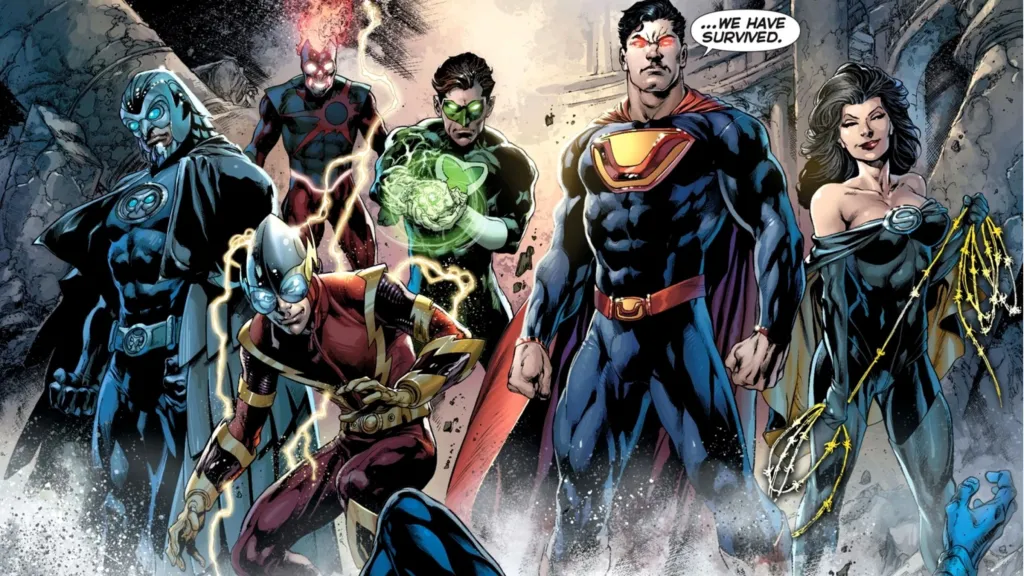Owl Man, Deathstorm, Johnny Quick, Power Ring, Ultraman, and Superwoman ready for battle