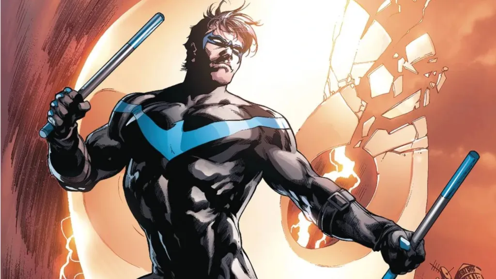 Nightwing holding his escrima sticks ready for battle with a Court of Owls mask breaking behind him