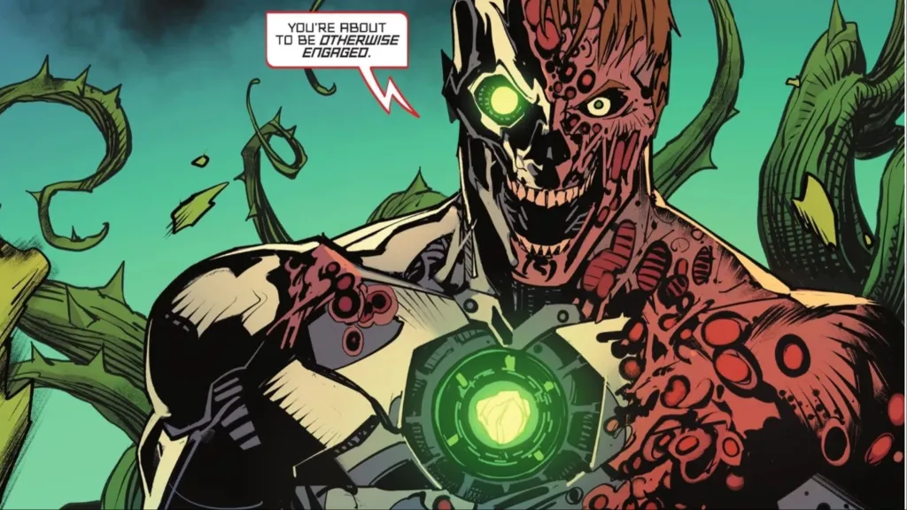 Metallo with his skin falling off with vines behind him