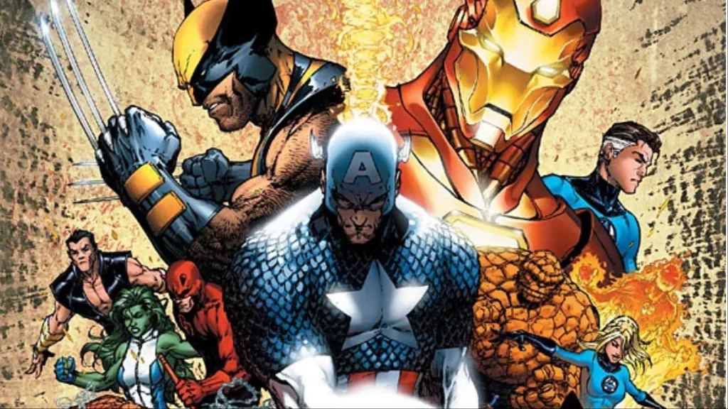 Wolverine, Captain America, and Iron Man, surrounded by Namor, She-Hulk, Daredevil, and the Fantastic Four