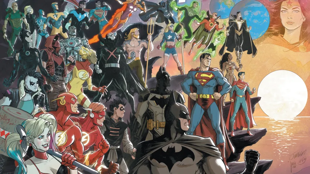 The assembled heroes of the DC Universe with Wonder Woman looking down on them all