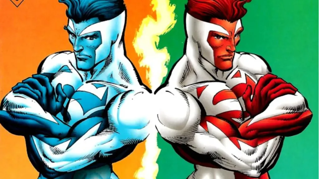 Electric Superman Blue/Superman Red standing back to back