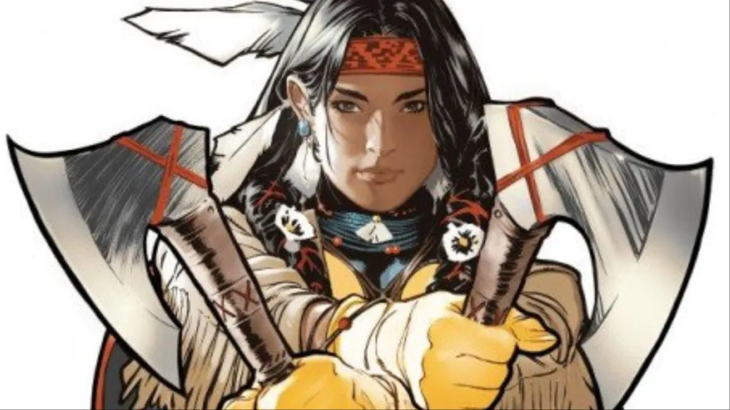Dani Moonstar holding two tomahawks across her chest