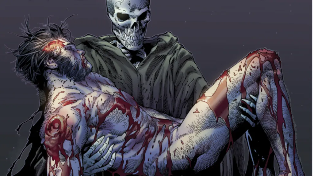 The grim reaper carrying a dead Wolverine