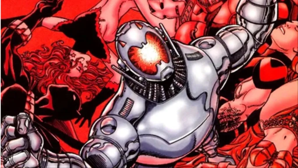 Ultron bellowing in triumph, standing over the fallen Avengers