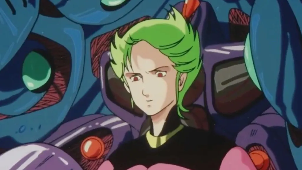  Round Vernian Vifam character with green hair and giant mecha in the background