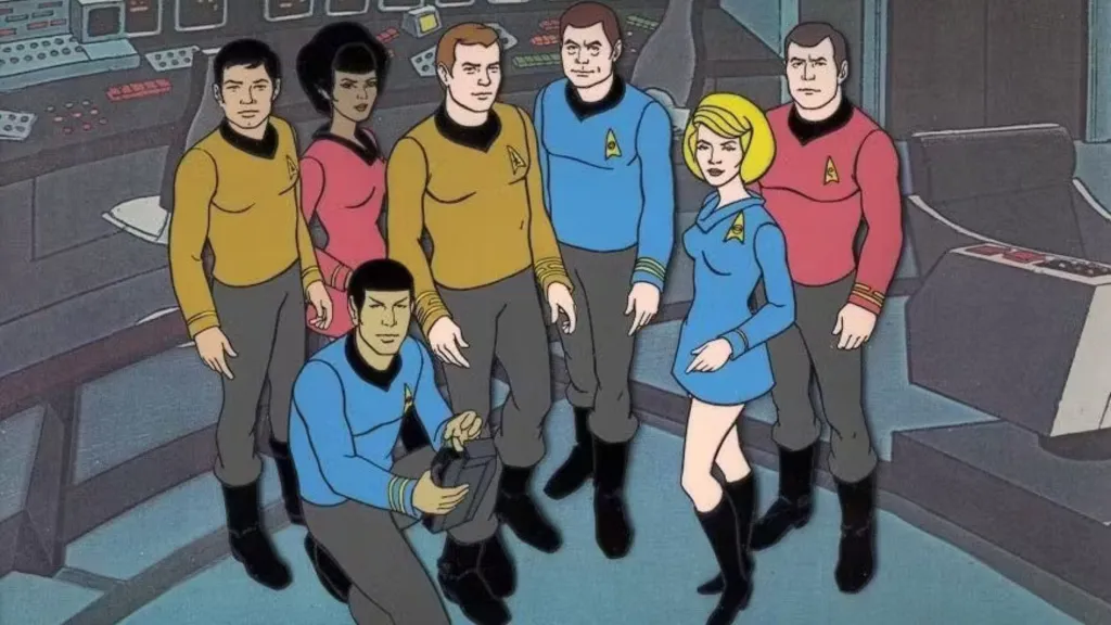 a drawing/still image of the crew from Star Trek: The Animated Series