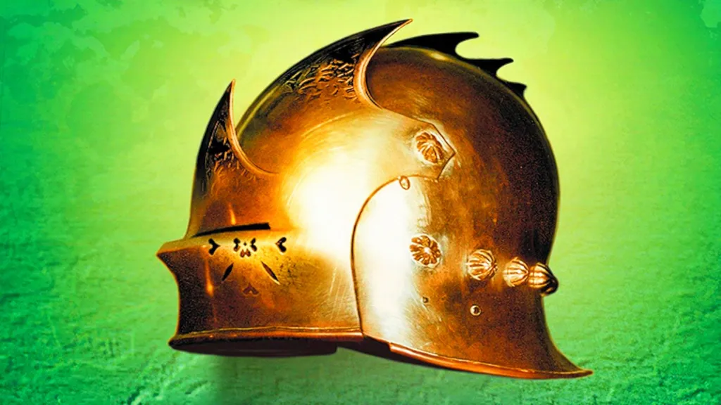 The cropped cover of A Storm of Swords by George R.R. Martin featuring a golden helmet and green background