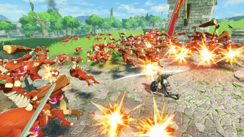 A screenshot from Hyrule Warriors: Age of Calamity, showing Link battling a bunch of enemies.