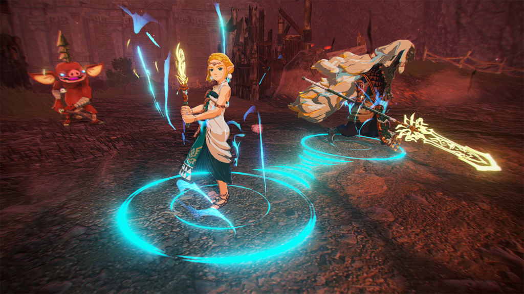 A screenshot from Hyrule Warriors: Age of Imprisonment, showing Zelda wielding a weapon among an ally and enemy.