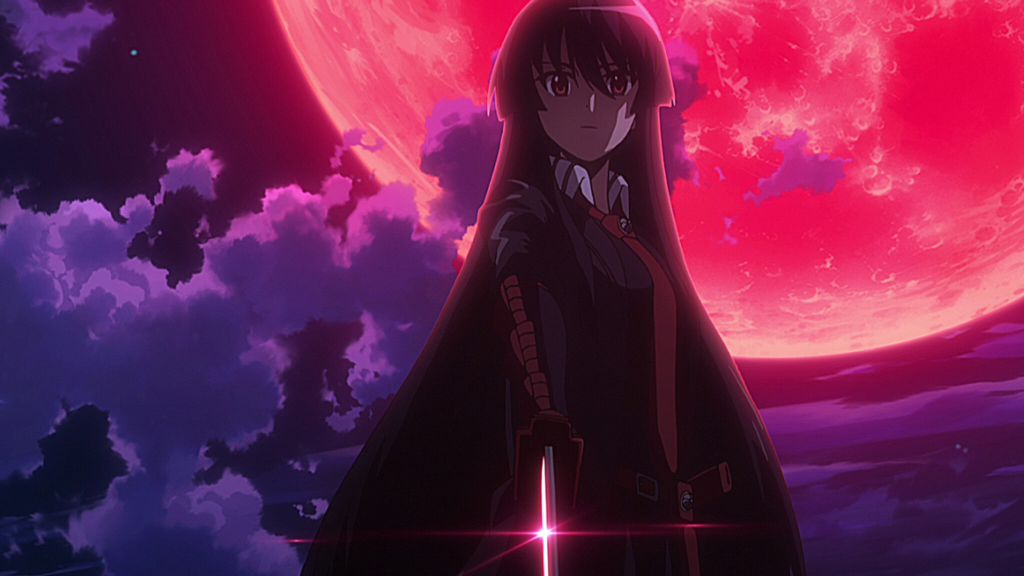 Akame standing against a red moon and dark sky in Akame ga Kill!