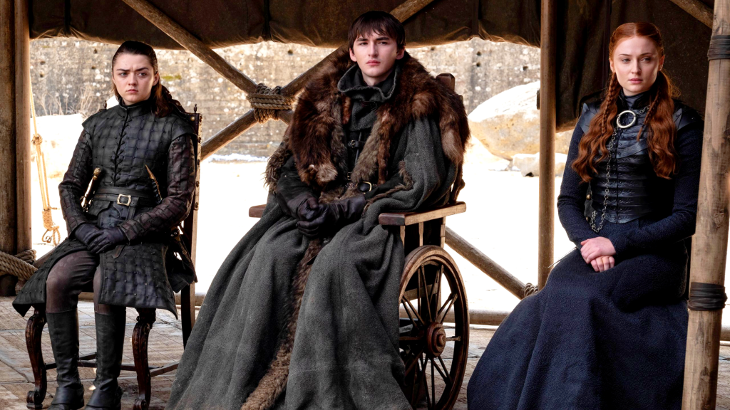 Arya (Maisie Williams), Bran (Isaac Hempstead Wright), and Sansa Stark (Sophie Turner) in Game of Thrones Season 8, Episode 6