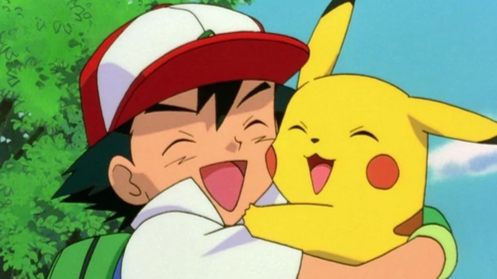 Ash and Pikachu smiling and hugging in Pokemon