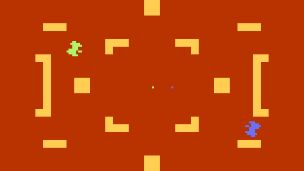 A screenshot from Combat on the Atari 2600, showing two players battling on an orange backdrop.