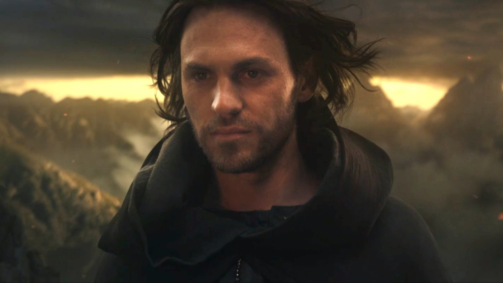 Charlie Vickers looking at what will become Mordor in The Rings of Power Season 1