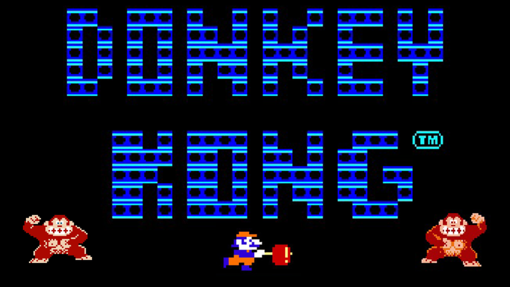 The Donkey Kong title with two DKs below and Jumpman (Mario) in the middle on a black background.