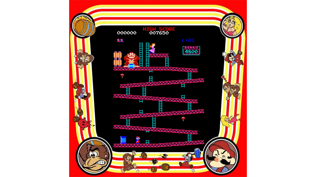 A screenshot from Donkey Kong with the cabinet's bezel artwork.