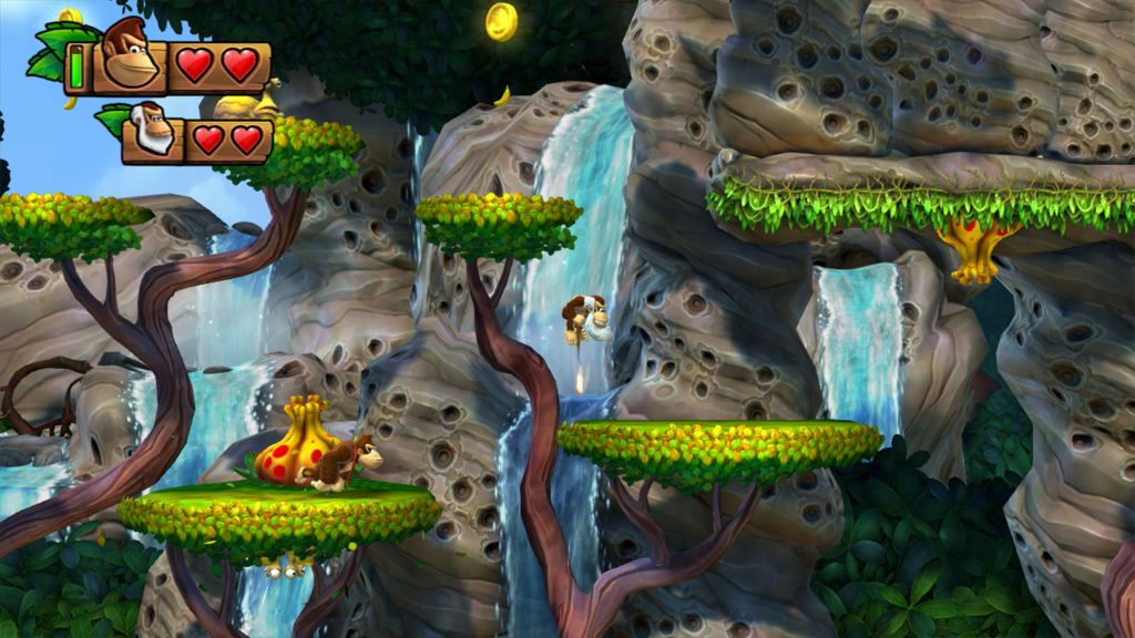 A screenshot from Donkey Kong Country: Tropical Freeze, showing Donkey Kong jumping on tree tops.