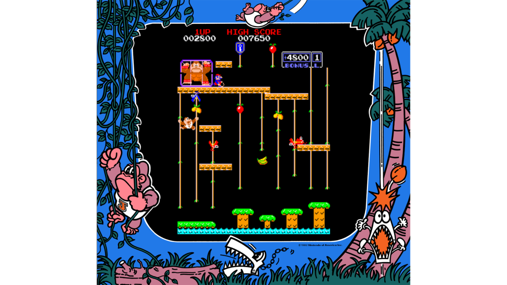 A screenshot from Donkey Kong Jr. with the cabinet's bezel artwork.