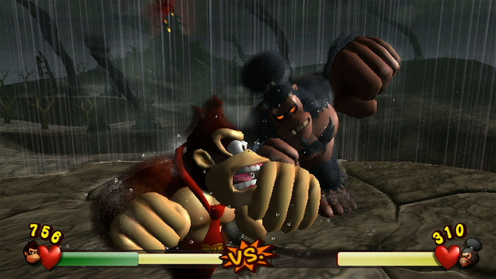 A screenshot from Donkey Kong Jungle Beat, showing Donkey Kong fighting in the rain.