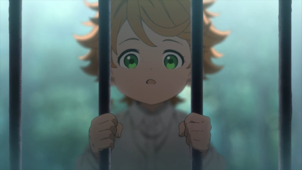 Baby Emma looking out from behind bars in The Promised Neverland