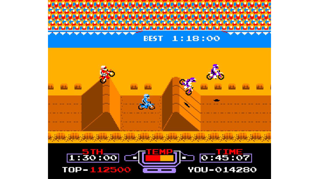 A screenshot from Excitebike on the Nintendo Entertainment System.