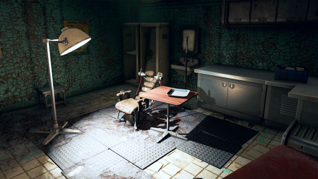 A screenshot from Fallout 4, showing a medical room in Vault 94.