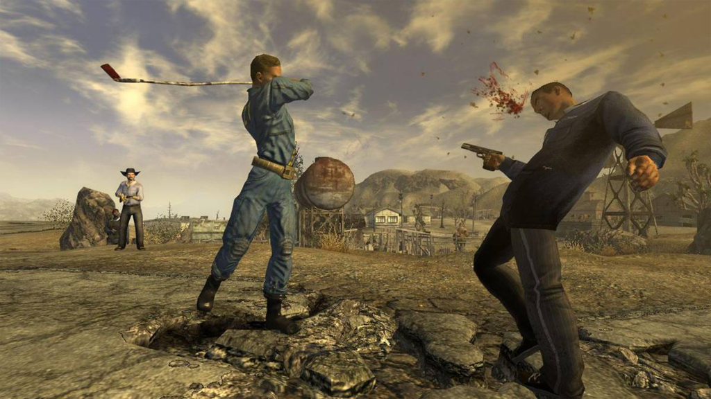 A screenshot from Fallout: New Vegas, showing the Vault Dweller beating a man with a hockey stick.