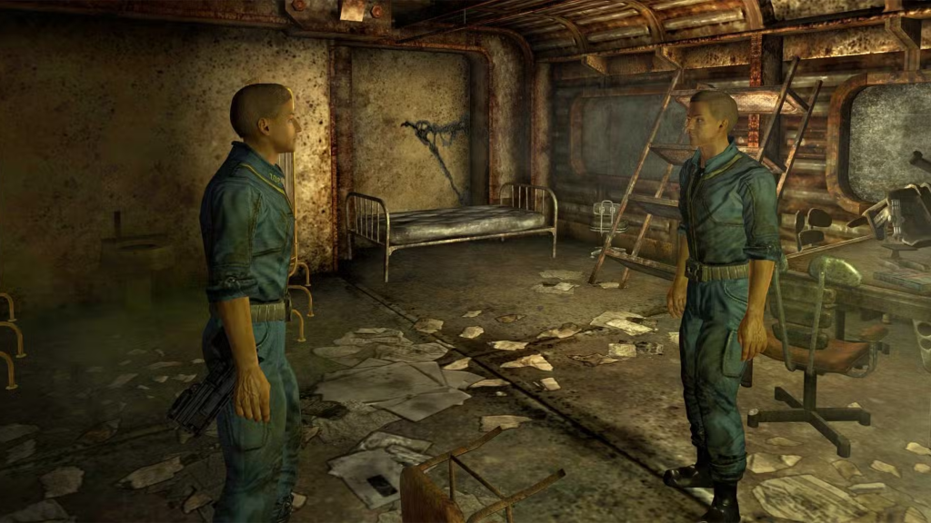 A screenshot from Fallout 3, showing Vault 108 with two Gary Clones.