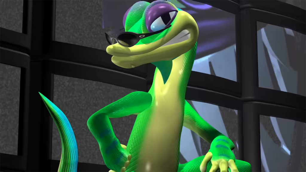 Gex grinning with his sunglasses on in Gex 3: Deep Cover Gecko.