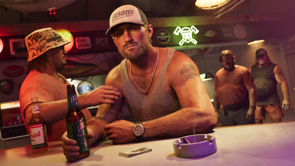 A promotional screenshot from Grand Theft Auto VI, showing characters at a bar looking ready for a fight.