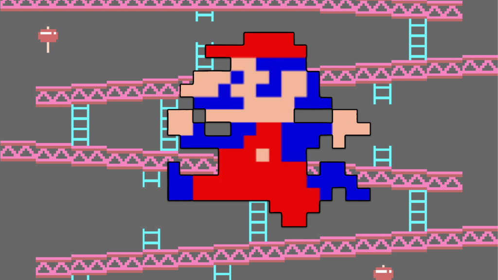 Jumpman blown up and superimposed over Donkey Kong's first stage.