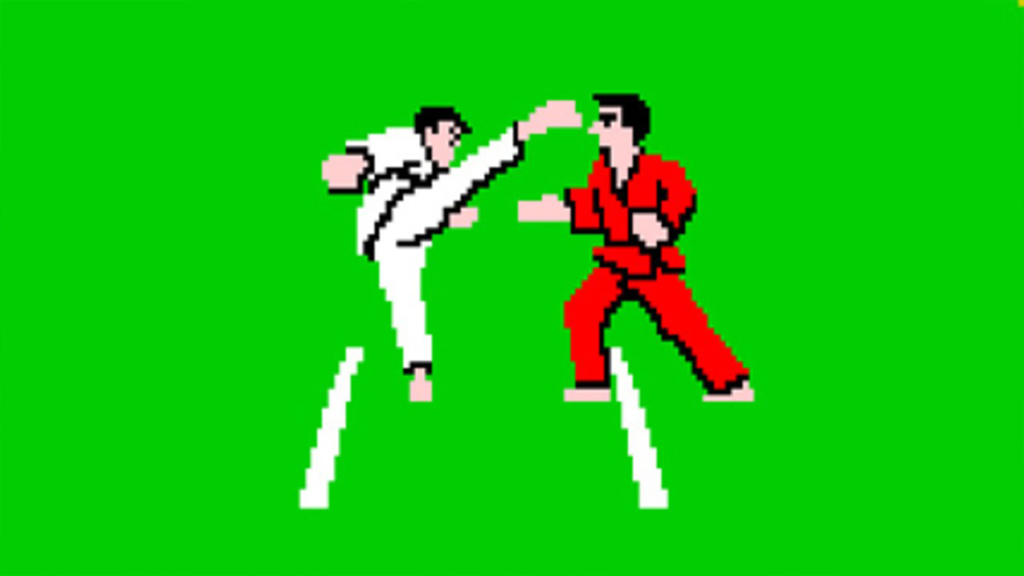 A screenshot from Karate Champ - Player vs. Player, showing two fighters on a green field.