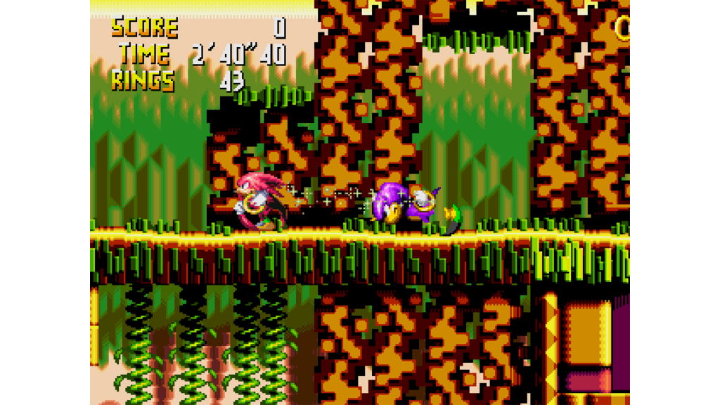A screenshot from Knuckles' Chaotix, showing Knuckles running along a path.