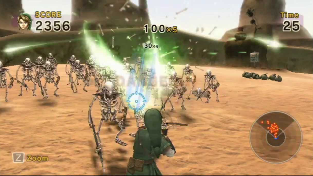 A screenshot from Link's Crossbow Training, showing Link firing on skeleton enemies.